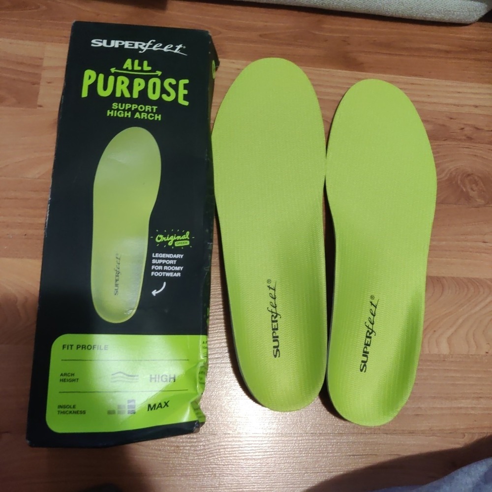 Superfeet All-Purpose High Arch Insoles Green Size F - M 11.5-13 / W 12.5+